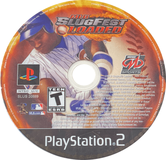 MLB Slugfest: Loaded disc art for PlayStation 2 (PS2) featuring over‑the‑top arcade baseball action with fiery pitches, hard‑hitting collisions, and exaggerated player moves