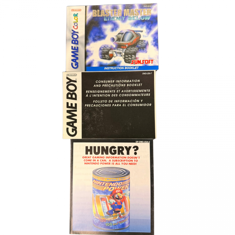 Blaster Master Enemy Below Game Boy Color GBC video game featuring action platforming gameplay underground exploration vehicle combat weapon upgrades enemy battles boss fights and classic handheld adventure retro video game collection collectible gaming appeal manuals and inserts