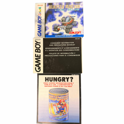 Blaster Master Enemy Below Game Boy Color GBC video game featuring action platforming gameplay underground exploration vehicle combat weapon upgrades enemy battles boss fights and classic handheld adventure retro video game collection collectible gaming appeal manuals and inserts