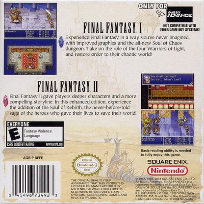 Final Fantasy I & II Dawn of Souls cartridge for the Game Boy Advance featuring classic turn based RPG gameplay with enhanced versions of the original Final Fantasy I and II including updated graphics additional dungeons and quality of life improvements back cover art