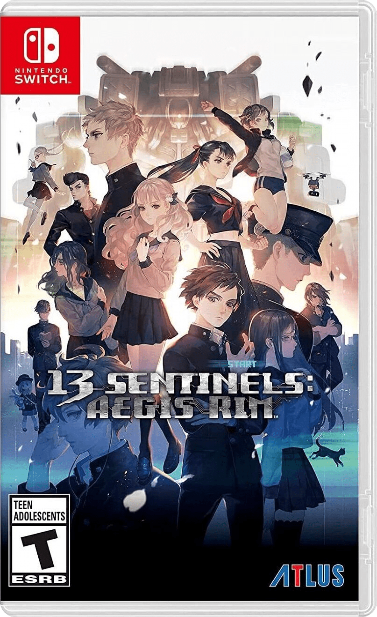 13 Sentinels Aegis Rim Nintendo Switch inspired design featuring sci fi narrative adventure aesthetic interwoven character stories giant mecha battles strategic combat visual novel storytelling time spanning mystery alien invasion themes and cinematic presentation cover art