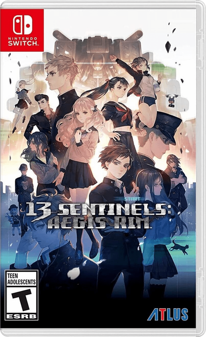 13 Sentinels Aegis Rim Nintendo Switch inspired design featuring sci fi narrative adventure aesthetic interwoven character stories giant mecha battles strategic combat visual novel storytelling time spanning mystery alien invasion themes and cinematic presentation cover art