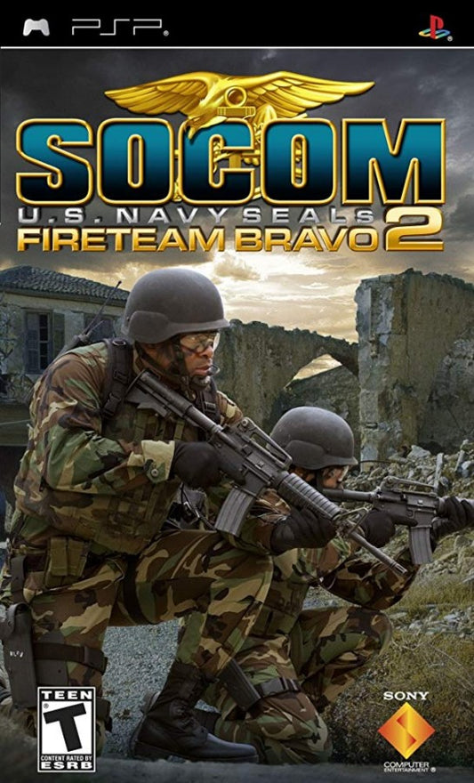 SOCOM U.S. Navy SEALs Fireteam Bravo 2 PlayStation Portable PSP video game, tactical shooter, squad-based military action, handheld console title front cover