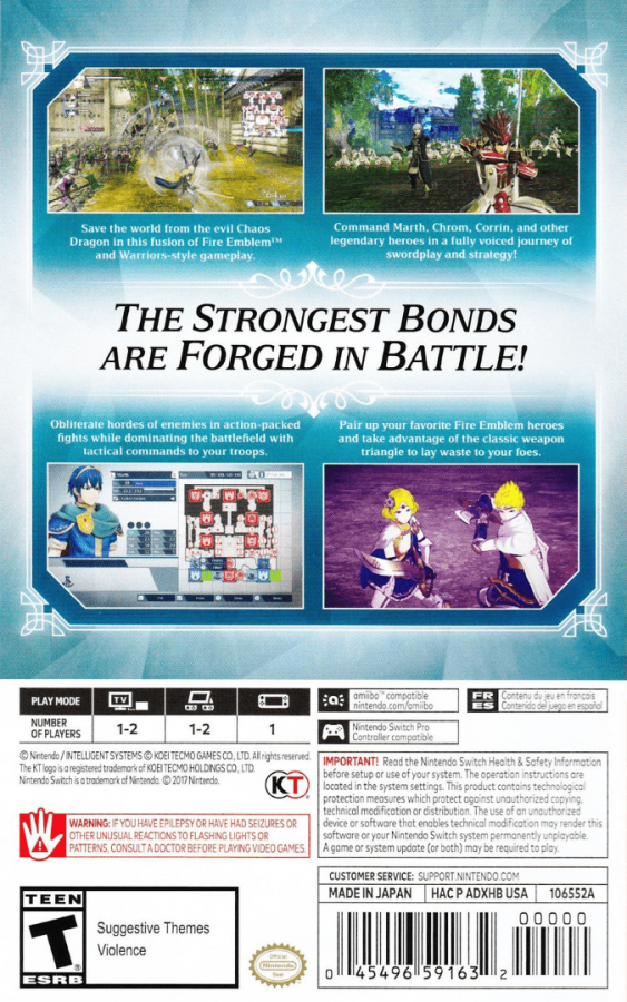 Fire Emblem Warriors back of box for Nintendo Switch NS video game