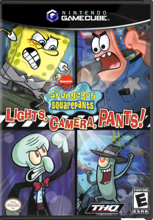 SpongeBob SquarePants Lights Camera Pants GameCube game featuring party-style minigame gameplay with classic SpongeBob characters front cover
