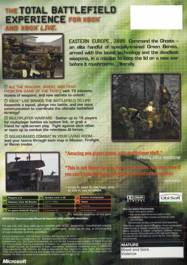 Tom Clancy’s Ghost Recon for Xbox with tactical military action and squad-based combat visuals back cover art