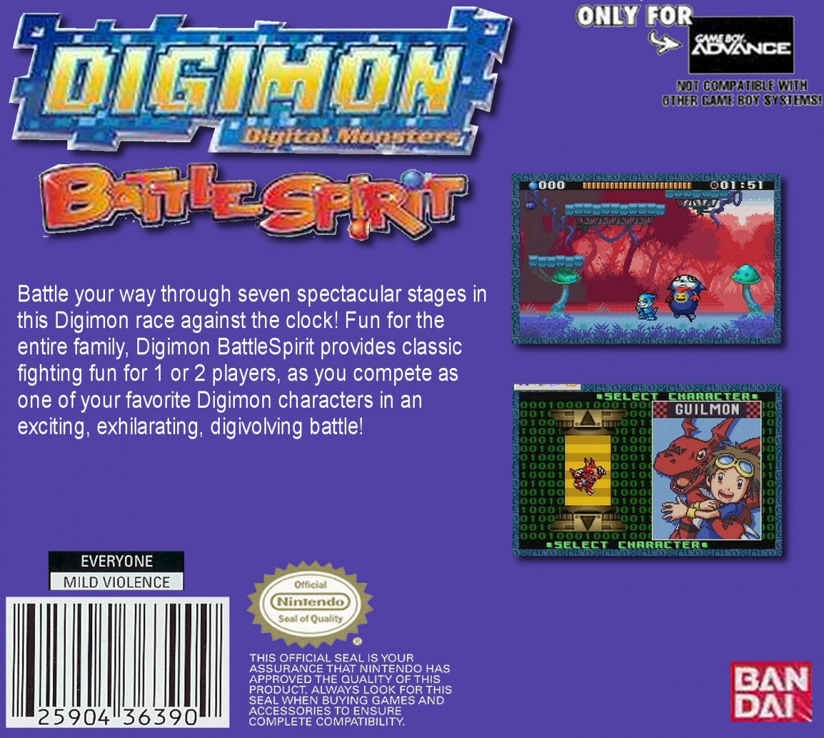 Digimon Battle Spirit cartridge for the Game Boy Advance featuring fighting game gameplay with digital monsters collectible abilities arena battles and multiplayer combat based on the Digimon anime series back cover art