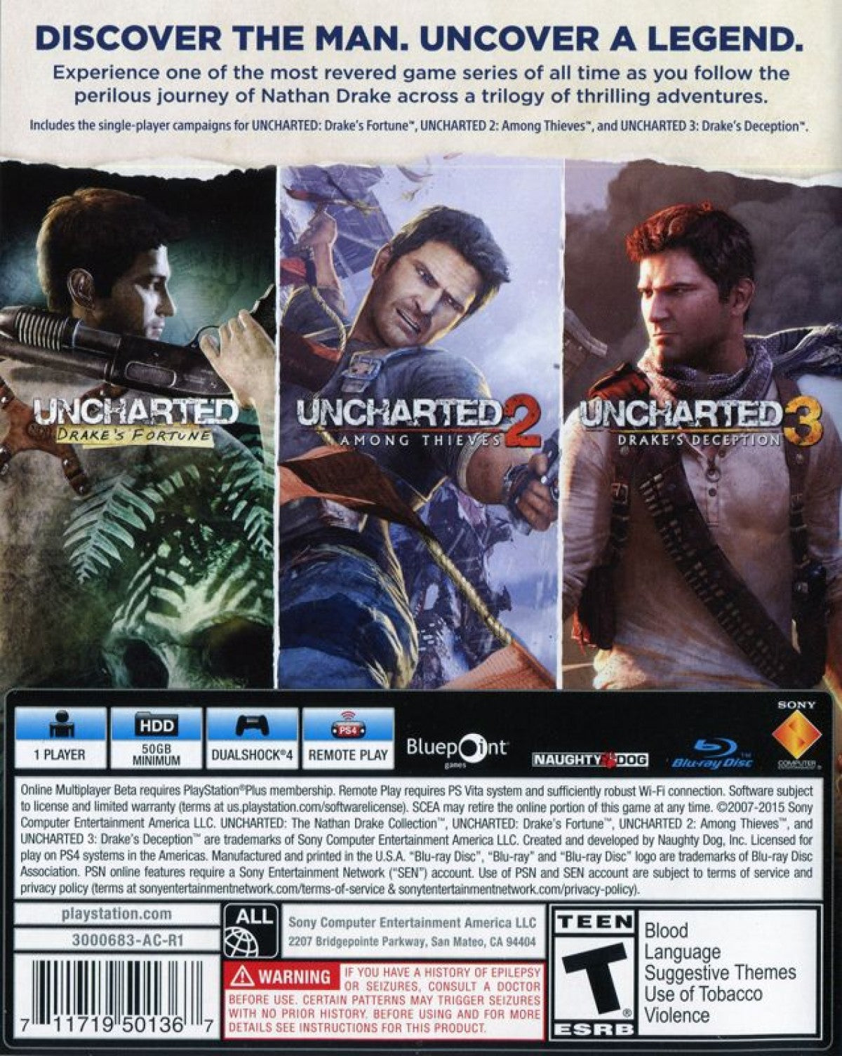 Uncharted: The Nathan Drake Collection – PlayStation 4 (PS4) video game back of case, action-adventure collection game.