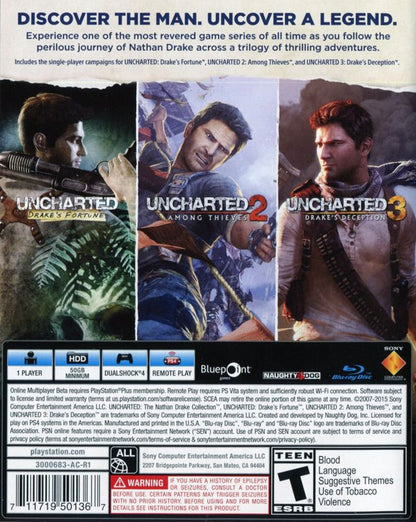Uncharted: The Nathan Drake Collection – PlayStation 4 (PS4) video game back of case, action-adventure collection game.
