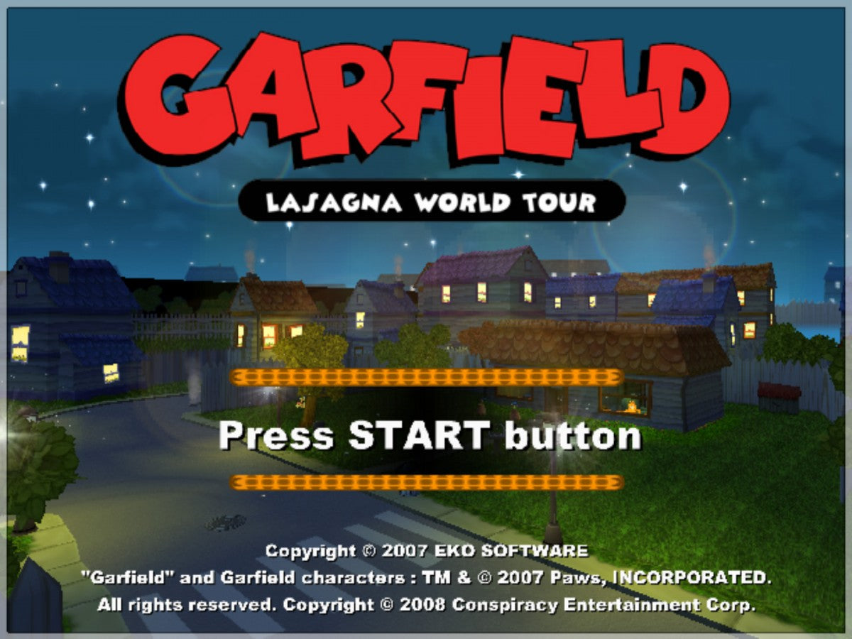 Garfield Lasagna World Tour PlayStation 2 retro video game party game title screen (2006)