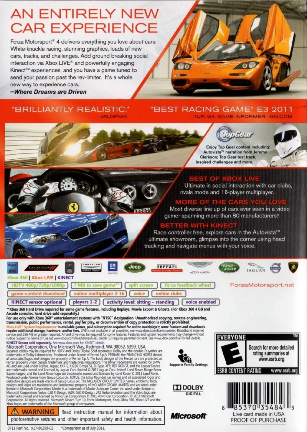 Forza Motorsport 4 for Xbox 360 racing simulation video game featuring realistic driving physics extensive car roster dynamic tracks Kinect support and immersive next generation motorsports experience back cover