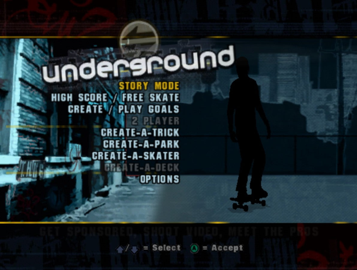 Tony Hawk's Underground Nintendo GameCube GC video game featuring skateboarding sports action gameplay professional skateboarders street skating skate parks open world exploration story driven career mode custom skater creation skateboard tricks grinds flips manuals combos challenging goals competitions and classic extreme sports gaming retro video game collection collectible gaming appeal gameplay