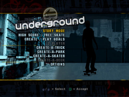 Tony Hawk's Underground Nintendo GameCube GC video game featuring skateboarding sports action gameplay professional skateboarders street skating skate parks open world exploration story driven career mode custom skater creation skateboard tricks grinds flips manuals combos challenging goals competitions and classic extreme sports gaming retro video game collection collectible gaming appeal gameplay