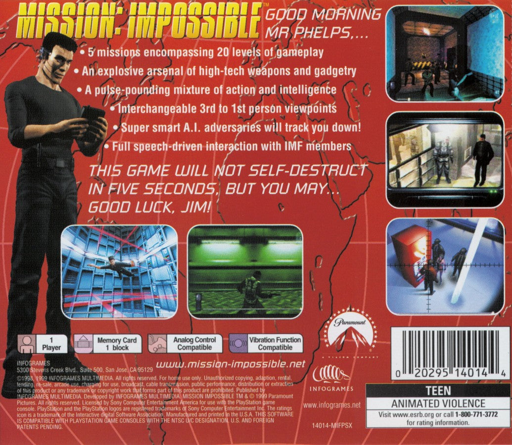 Mission: Impossible PlayStation 1 PS1 for action adventure stealth retro video game fans featuring espionage missions covert operations stealth gameplay gadget based puzzles secret agent action cinematic thrills collectible gaming appeal back of case