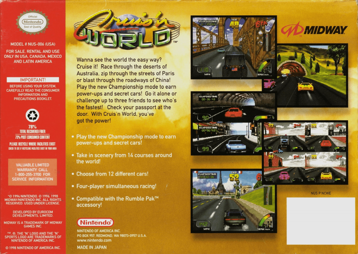 Cruisn World back cover art for Nintendo 64 N64 video game