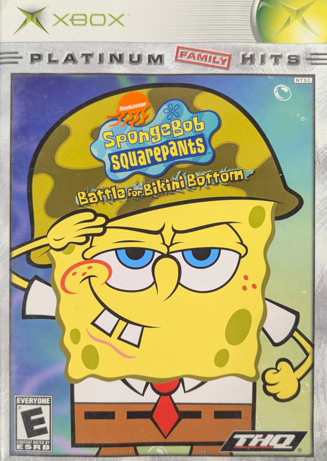 SpongeBob SquarePants Battle for Bikini Bottom Platinum Hits Xbox XBOX platform adventure game featuring SpongeBob Patrick Sandy underwater exploration jellyfish fields enemy battles collectible items and classic Nickelodeon gaming retro video game collection collectible gaming appeal front cover