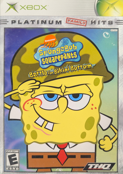 SpongeBob SquarePants Battle for Bikini Bottom Platinum Hits Xbox XBOX platform adventure game featuring SpongeBob Patrick Sandy underwater exploration jellyfish fields enemy battles collectible items and classic Nickelodeon gaming retro video game collection collectible gaming appeal front cover