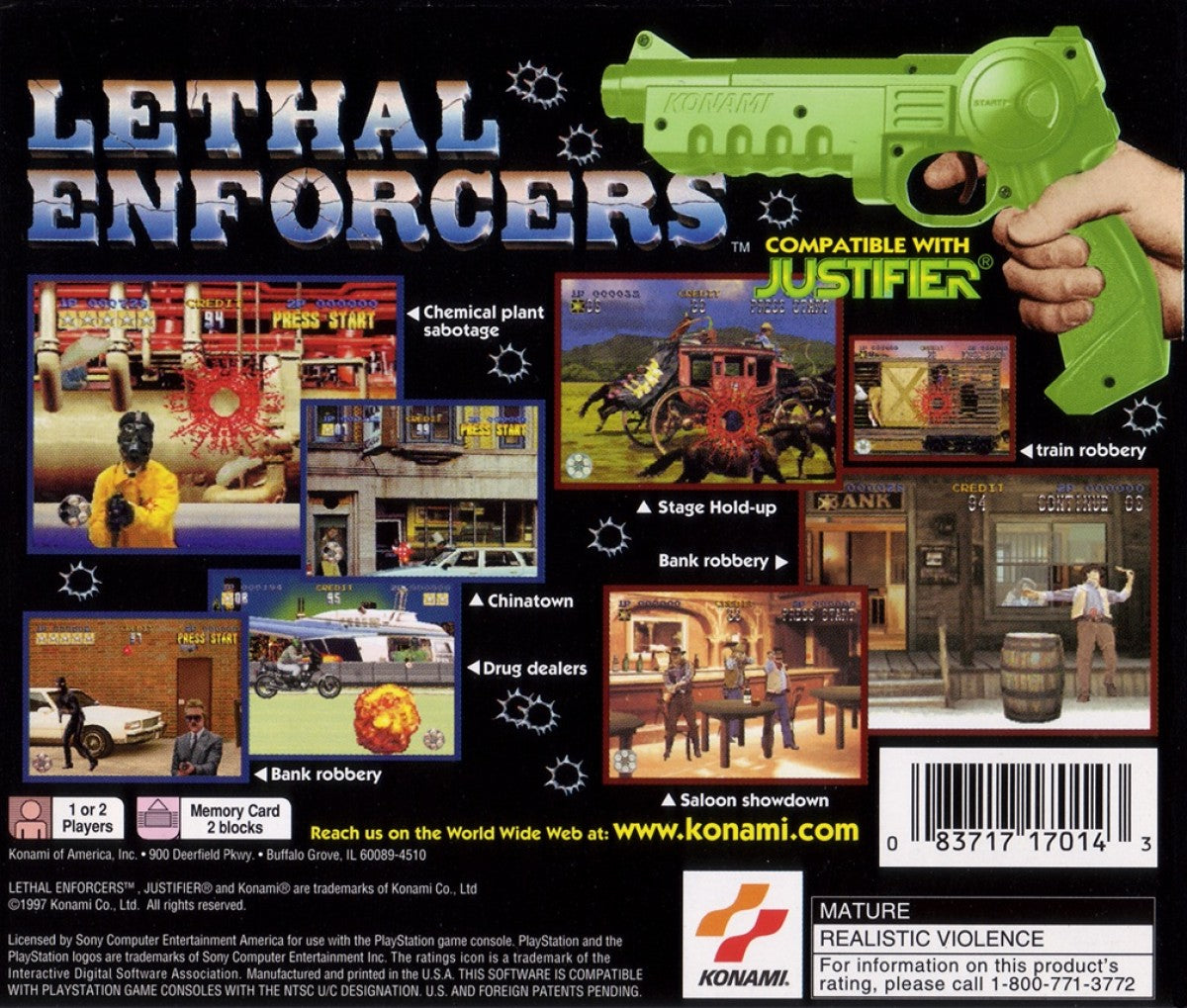 Lethal Enforcers 1 and 2 PlayStation 1 PS1 light gun shooter arcade style Konami game retro video game disc collection police action shooting game for PS1 console back cover