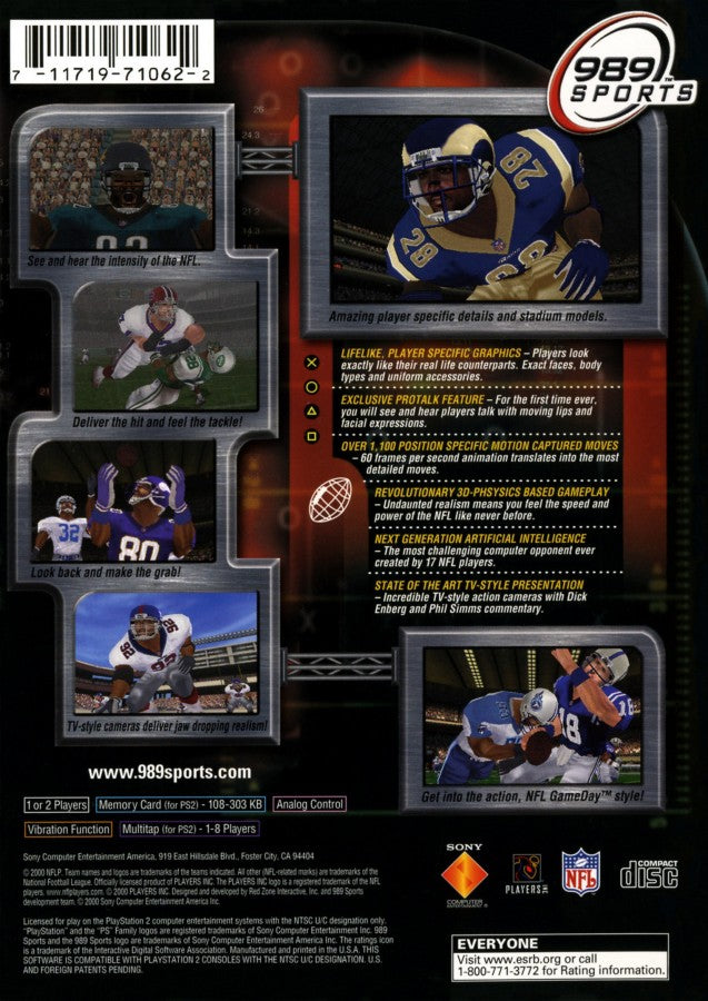 NFL GameDay 2001 – PlayStation 2 (PS2) American football sports video game back of case