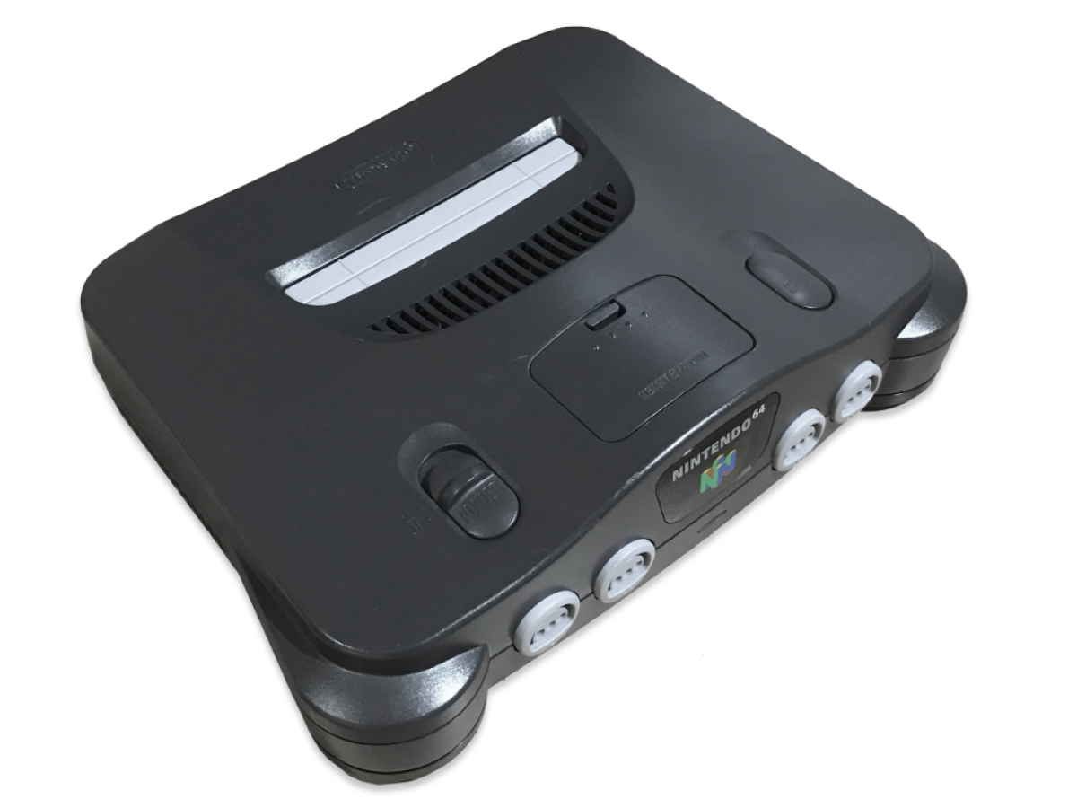 Angled top-down view of an original Nintendo 64 console showing cartridge slot and front ports.