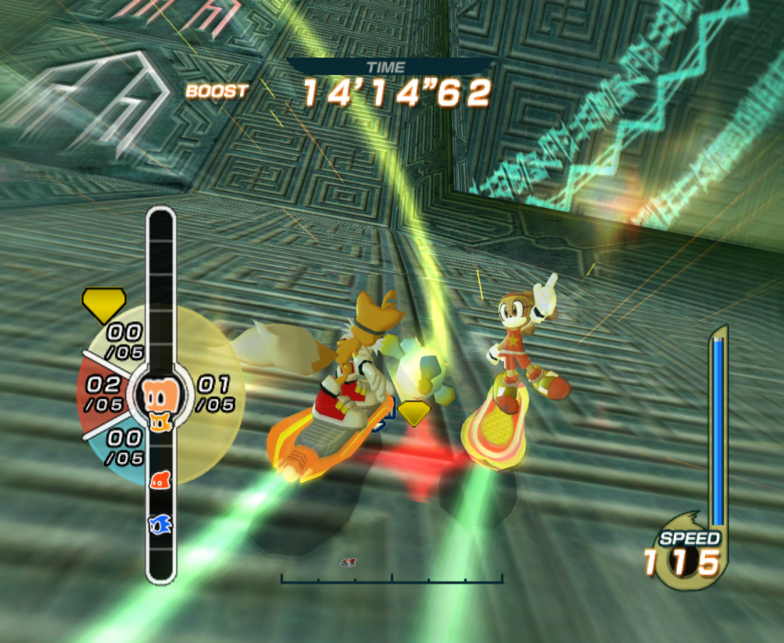 Sonic Riders gameplay for GameCube (GC) game featuring high-speed hoverboard racing and arcade-style competition