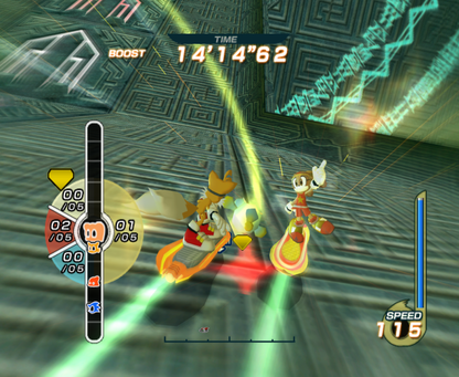 Sonic Riders gameplay for GameCube (GC) game featuring high-speed hoverboard racing and arcade-style competition