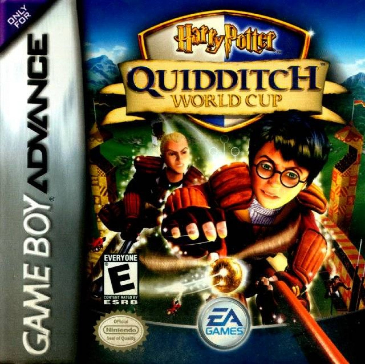 Harry Potter Quidditch World Cup for Game Boy Advance, cover image for a sports action video game with Quidditch gameplay, team-based matches, character abilities, and wizarding world competition