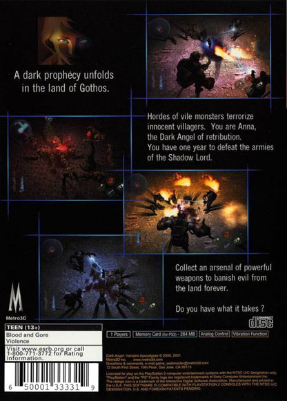 Dark Angel Vampire Apocalypse PS2 PlayStation 2 action RPG hack and slash vampire combat dark fantasy gothic horror gameplay retro video game back of case