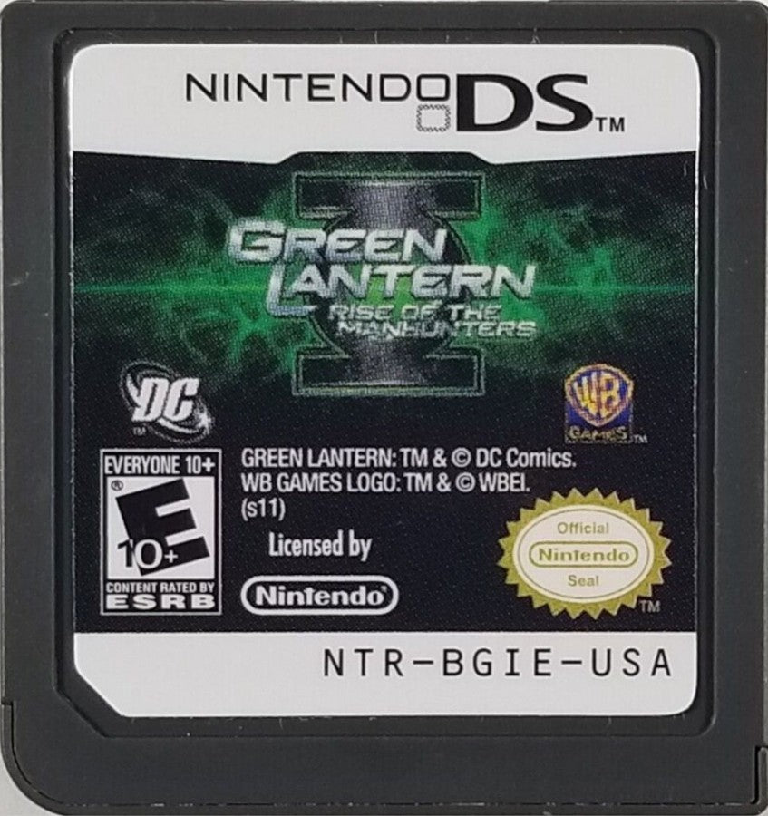 Green Lantern Rise of the Manhunters Nintendo DS video game, action adventure, superhero gameplay, DC Comics title, handheld console release game cartridge. 