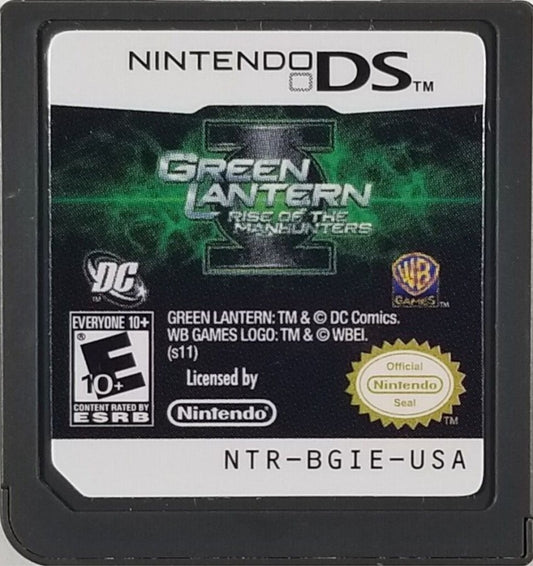 Green Lantern Rise of the Manhunters Nintendo DS video game, action adventure, superhero gameplay, DC Comics title, handheld console release game cartridge. 