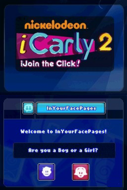 iCarly 2 iJoin the Click for Nintendo DS, title screen for a simulation adventure video game with mini-games, story-based gameplay, TV show characters, and casual interactive activities