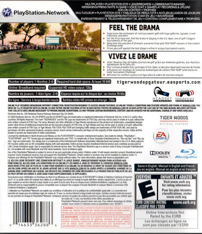 Tiger Woods PGA Tour 10 PlayStation 3 golf simulation video game featuring the US Open at Bethpage Black precision putting controls real-time weather from The Weather Channel and Tournament Challenge mode reliving historic golf moments back cover