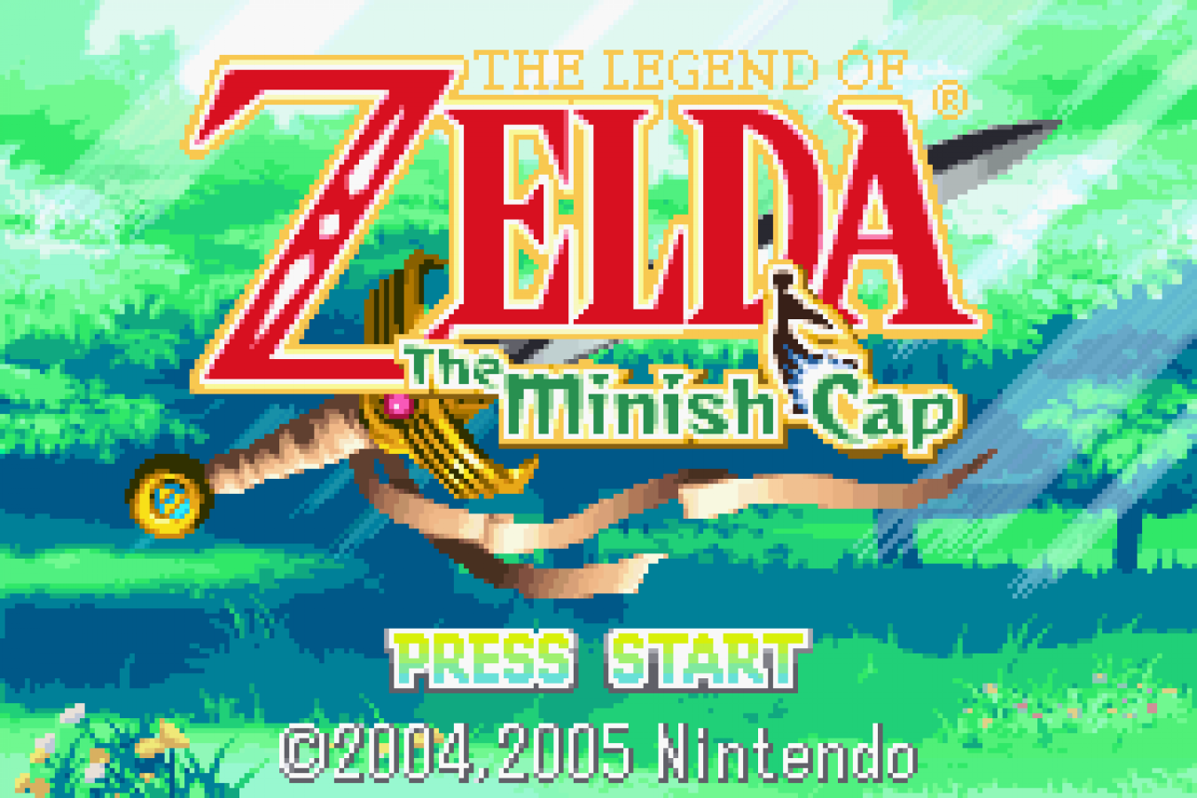 The Legend of Zelda The Minish Cap Game Boy Advance title screen for retro video game featuring action adventure gameplay, top down exploration, magical shrinking mechanic, puzzle solving dungeons, fantasy world Hyrule quests, and classic portable Zelda adventure on GBA system