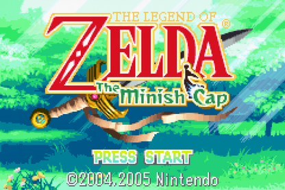 The Legend of Zelda The Minish Cap Game Boy Advance title screen for retro video game featuring action adventure gameplay, top down exploration, magical shrinking mechanic, puzzle solving dungeons, fantasy world Hyrule quests, and classic portable Zelda adventure on GBA system