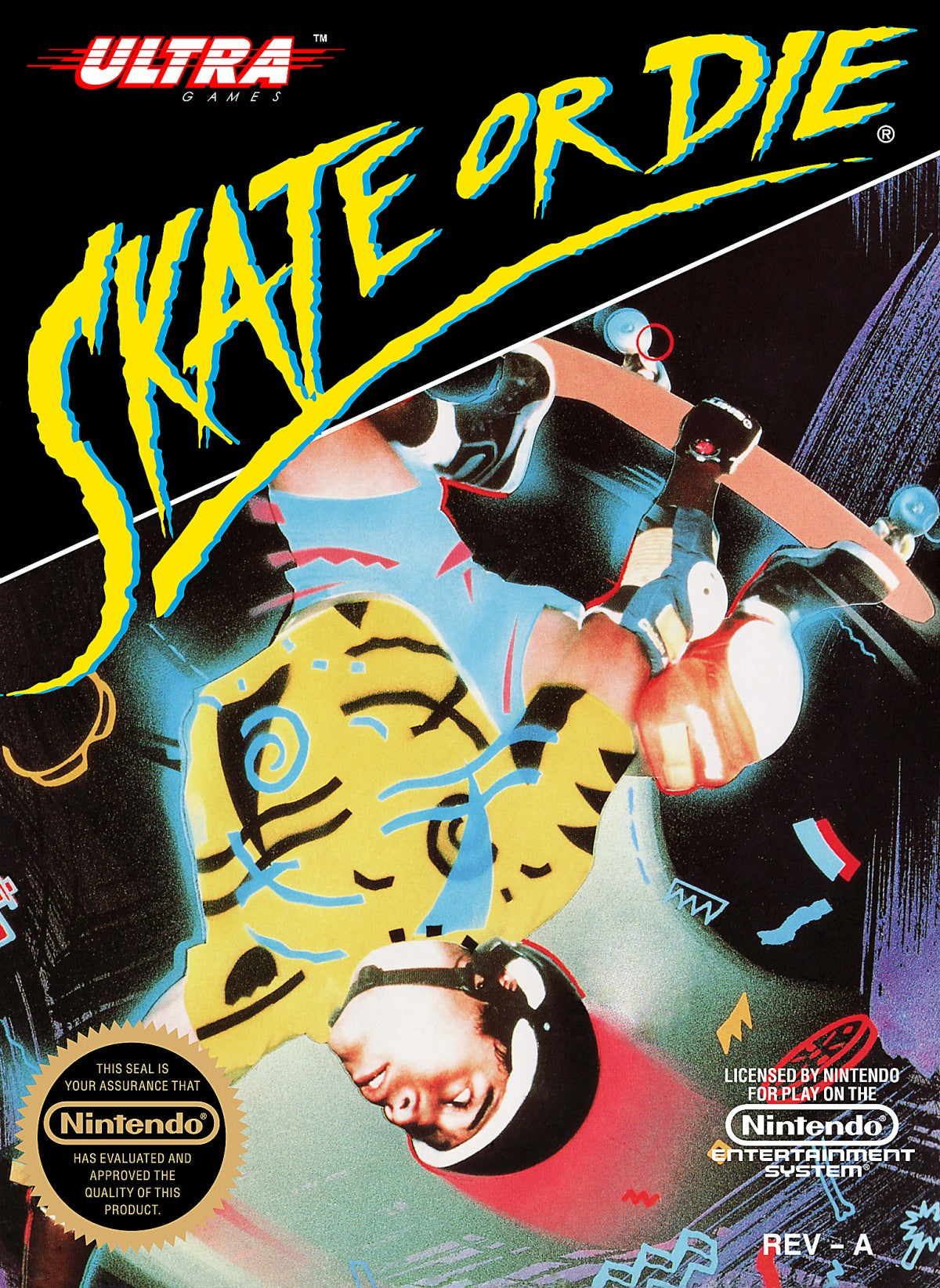 Skate or Die game for the Nintendo Entertainment System featuring skateboarding themed gameplay with multiple events including downhill racing freestyle tricks and jousting with competitive modes and an arcade style presentation cover art
