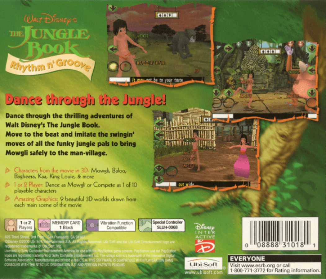 Jungle Book: Rhythm n Groove – PlayStation 1 (PS1) back cover art image of the disc version of playstation 1 jungle book video game