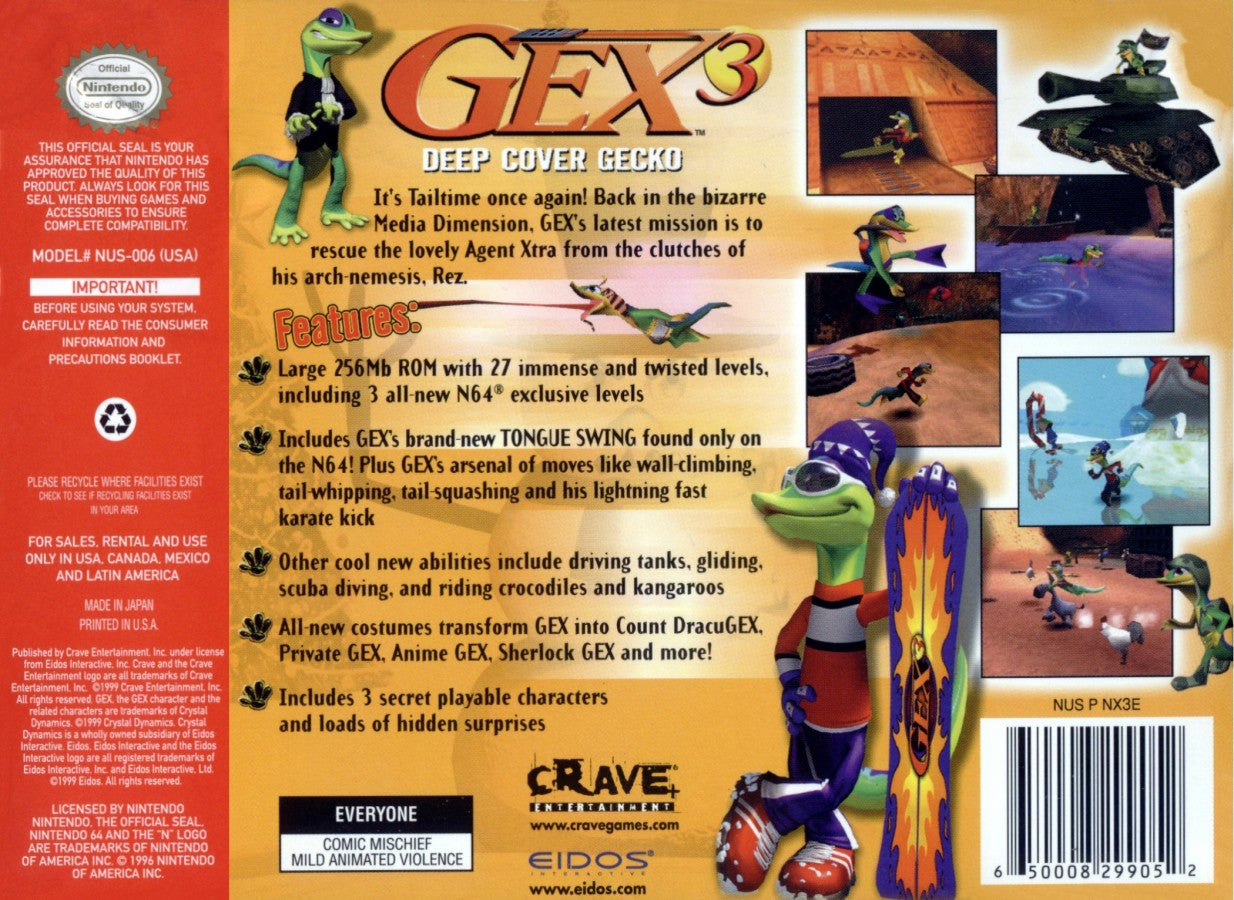 Gex 3 Deep Cover Gecko Nintendo 64 N64 video game, game only cartridge, action platformer, cartoon-style adventure, classic Nintendo title back cover