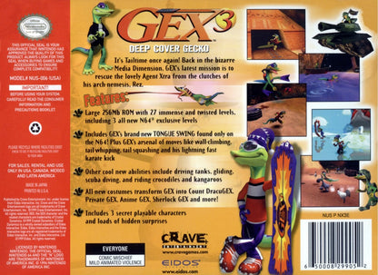 Gex 3 Deep Cover Gecko Nintendo 64 N64 video game, game only cartridge, action platformer, cartoon-style adventure, classic Nintendo title back cover