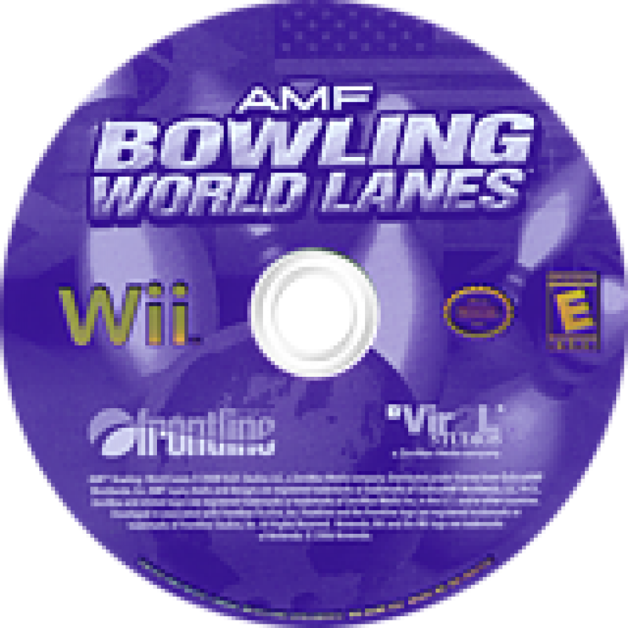 AMF Bowling World Lanes Wii game disc with branding and rating on a purple background