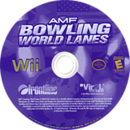 AMF Bowling World Lanes Wii game disc with branding and rating on a purple background