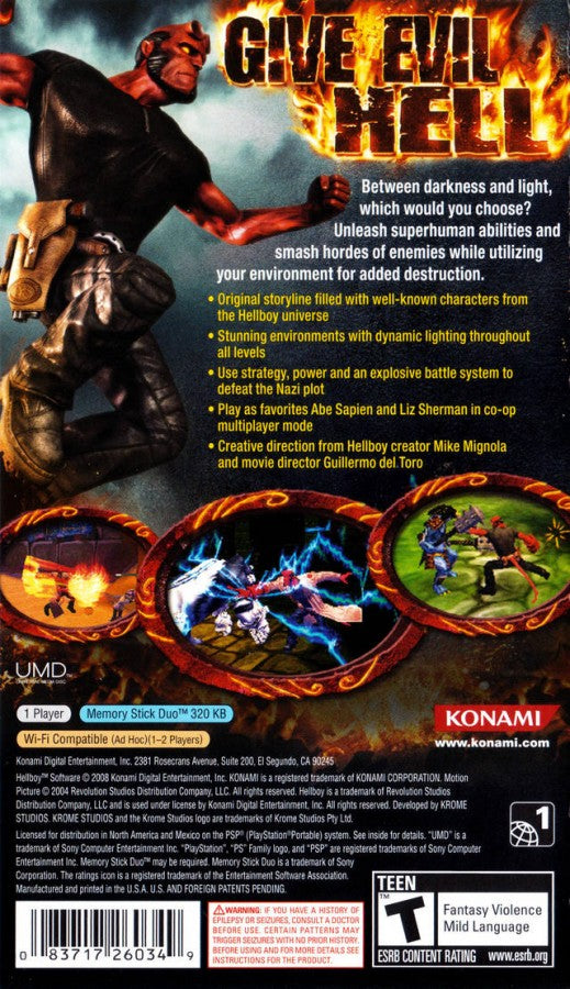Hellboy: Science of Evil back of case for PlayStation Portable (PSP) third-person action video game