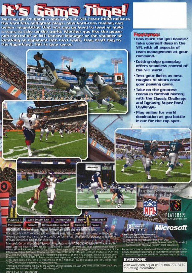 NFL FEVER 2003– Xbox (XBOX) Back Cover Art Video Game 