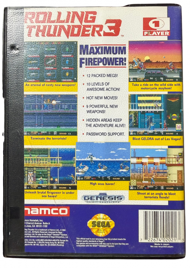 Rolling Thunder 3 Sega Genesis for side scrolling action shooter video game fans featuring fast paced run and gun combat secret agent missions enemy soldiers powerful weapons challenging stages boss battles arcade style action and classic 16 bit gameplay collectible retro Sega Genesis gaming appeal back cover art