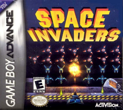 Space Invaders Game Boy Advance GBA video game featuring classic arcade shooter gameplay alien invasion battles laser cannon action enemy formations bonus stages high score challenges and classic handheld gaming retro video game collection collectible gaming appeal cover art 