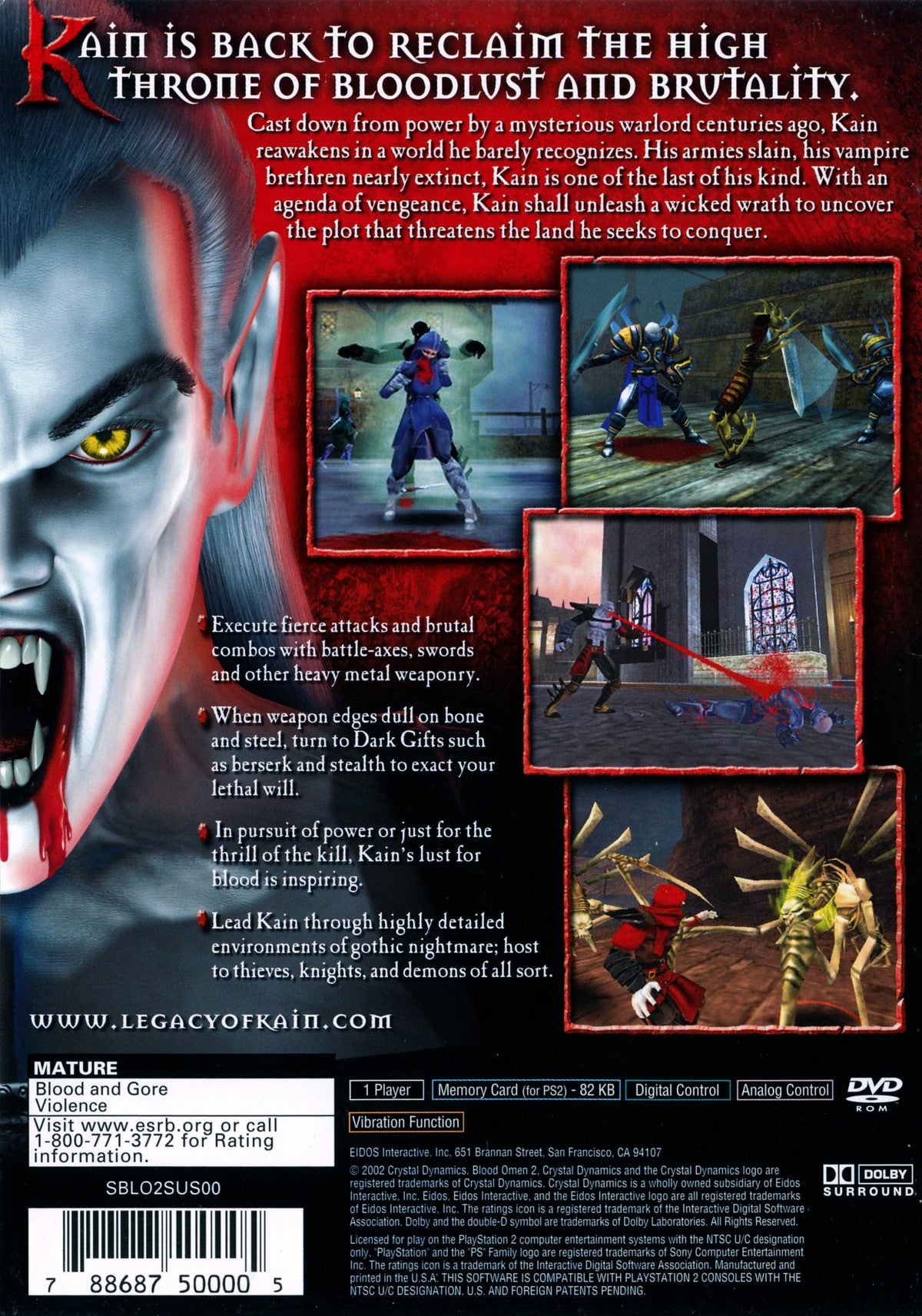 Blood Omen 2 for PlayStation 2 with dark vampire-themed action-adventure focus back cover art