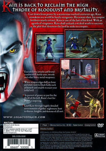 Blood Omen 2 for PlayStation 2 with dark vampire-themed action-adventure focus back cover art