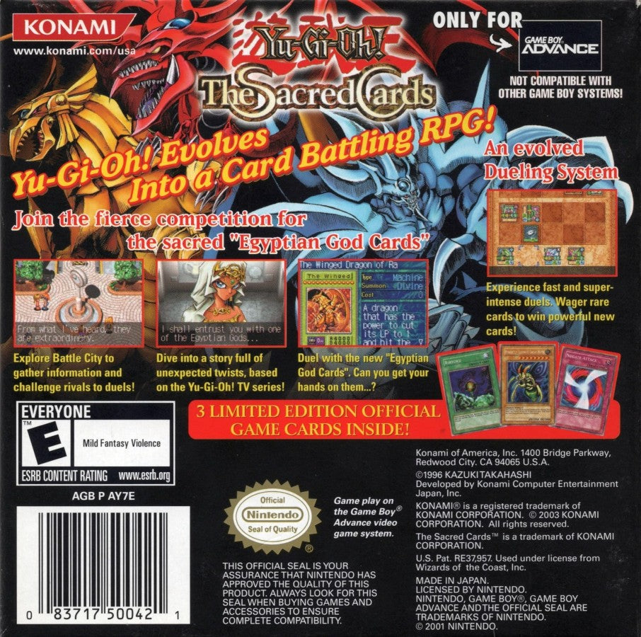 Yu-Gi-Oh! Sacred Cards Game Boy Advance GBA video game, trading card strategy, turn-based dueling, handheld console title back cover