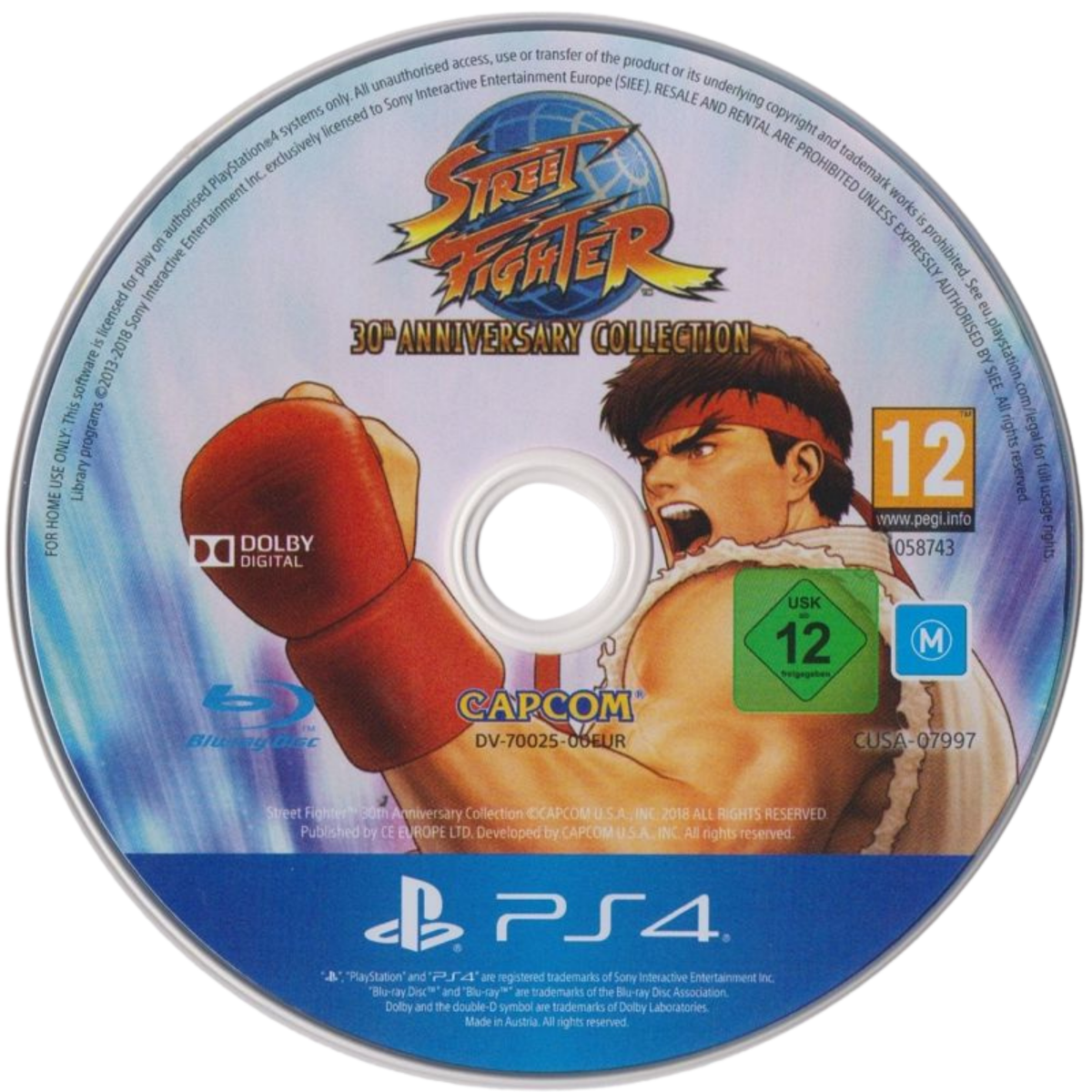 Street Fighter 30th Anniversary Collection PEGI rated PlayStation 4 fighting game compilation twelve classic arcade titles Street Fighter I Street Fighter II series Street Fighter Alpha series Street Fighter III series arcade perfect ports online multiplayer training museum mode Capcom fighting legacy collection disc
