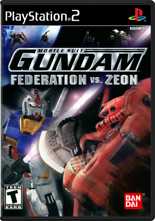 Retro Mobile Suit Gundam Federation vs Zeon PS2 inspired design featuring classic anime mech combat aesthetic vintage PlayStation 2 giant robot warfare Earth Federation versus Zeon mobile suit battles arcade action sci fi military gameplay nostalgic Gundam presentation cover art