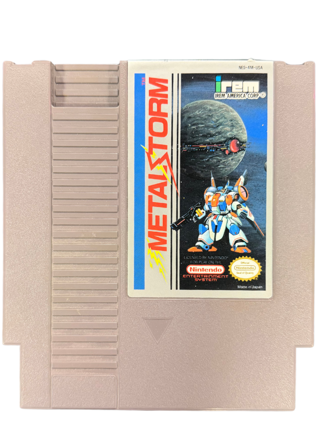 Metal Storm Nintendo Entertainment System NES for retro video game enthusiasts featuring side scrolling action platforming gameplay gravity switching mechanics futuristic robot combat challenging sci fi levels precision platforming and collectible gaming appeal cartridge